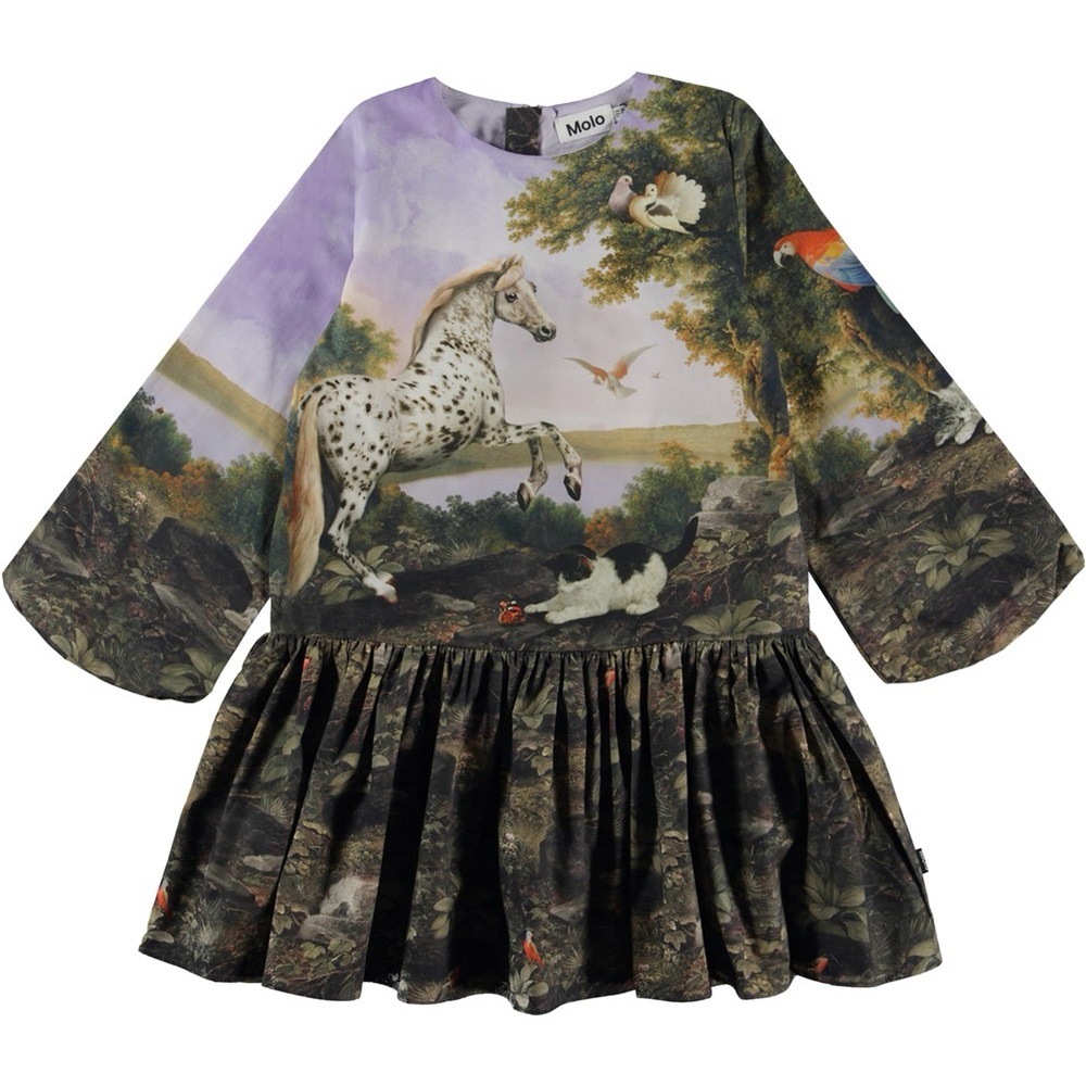 Molo Cherry Poetic Landscape Long Sleeve Dress Purple Green Nature Horse 13-14